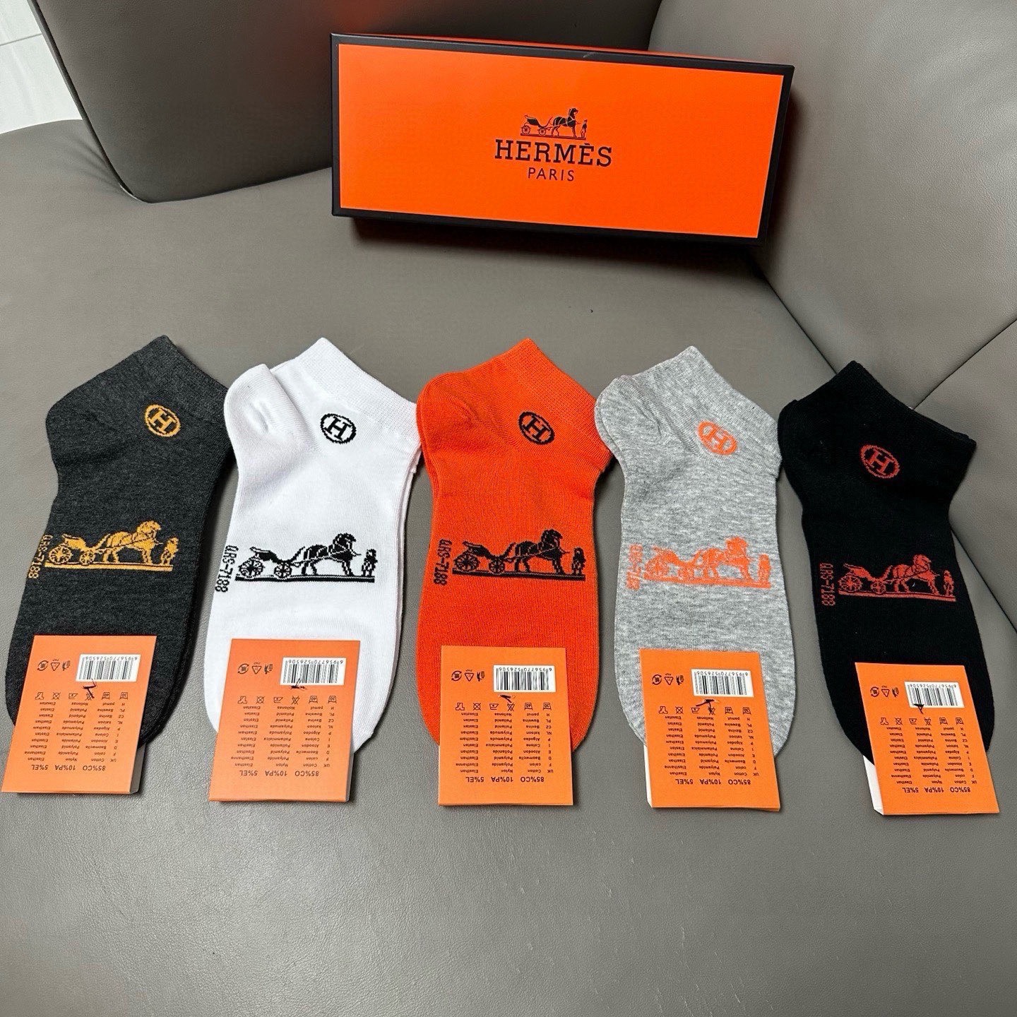 🆕Hermes · 爱马仕❗️大H新品男款春夏款袜子❗️【一盒五双】提花经典H家标志，纯棉材质制造，透气