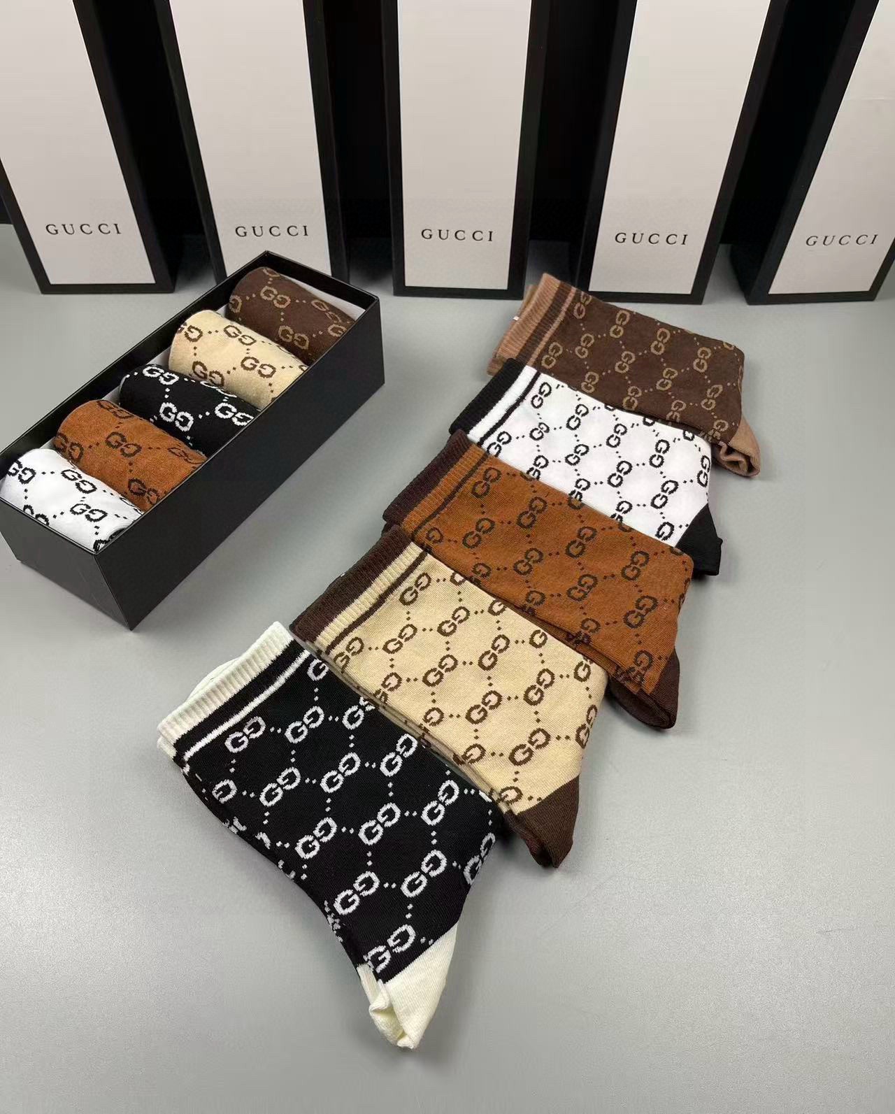 🆕Gucci · 古奇❗️大G家新品长筒袜子❗️【一盒五双】经典双G标志，特显高大上，纯棉材质，透气舒适