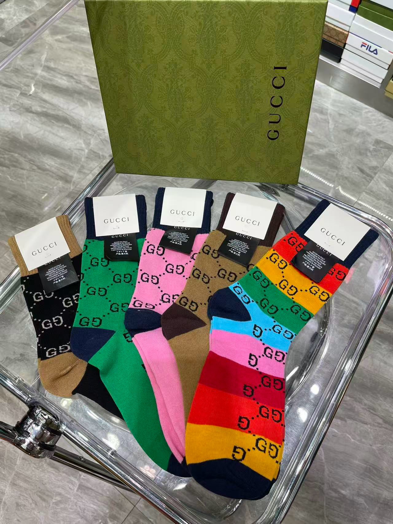 🆕Gucci · 古奇❗️大G家新品长筒袜子❗️【一盒五双】经典双G标志，特显高大上，纯棉材质，透气舒适