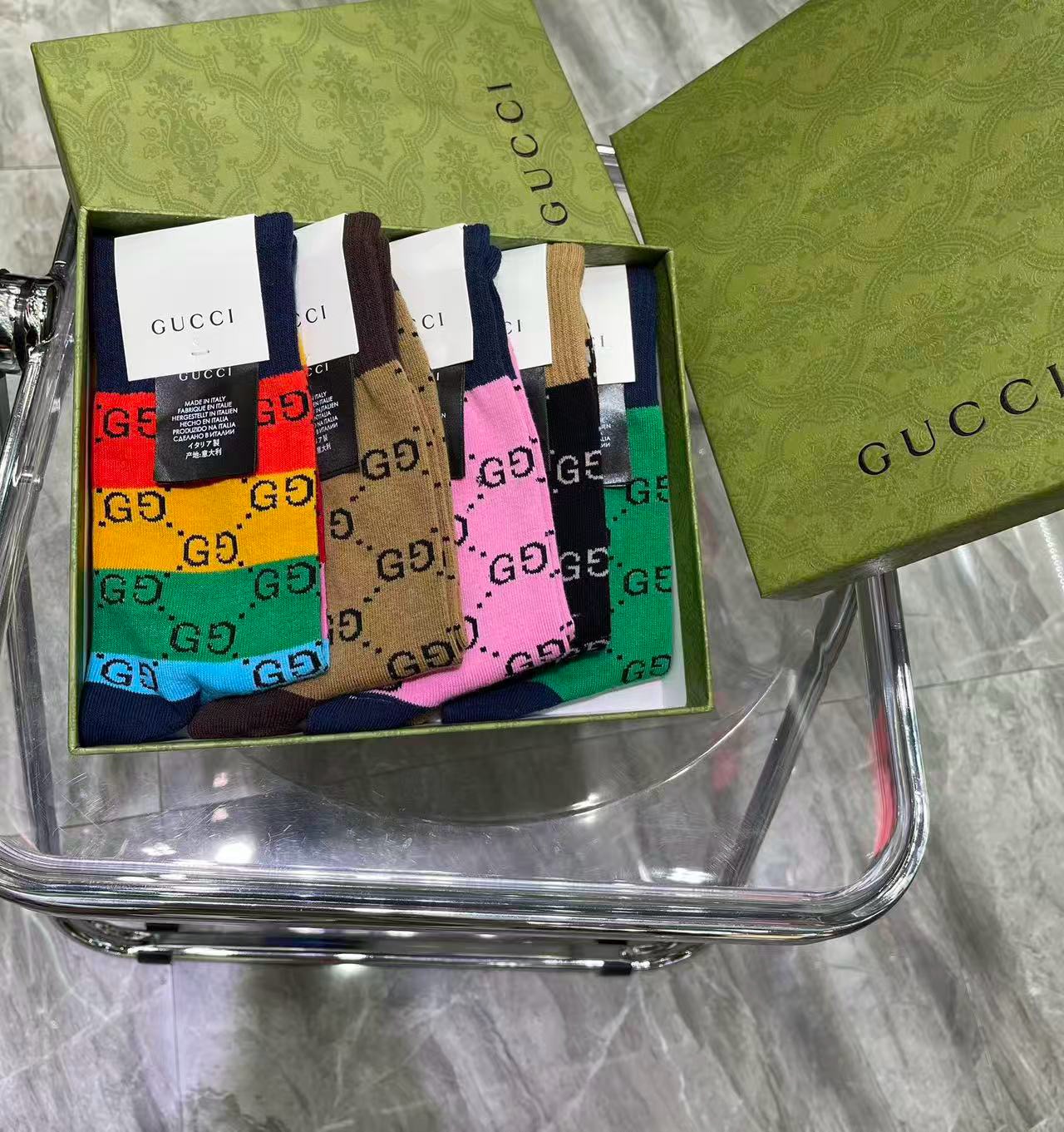 🆕Gucci · 古奇❗️大G家新品长筒袜子❗️【一盒五双】经典双G标志，特显高大上，纯棉材质，透气舒适