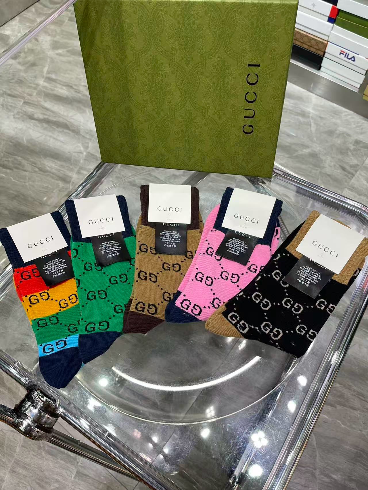 🆕Gucci · 古奇❗️大G家新品长筒袜子❗️【一盒五双】经典双G标志，特显高大上，纯棉材质，透气舒适