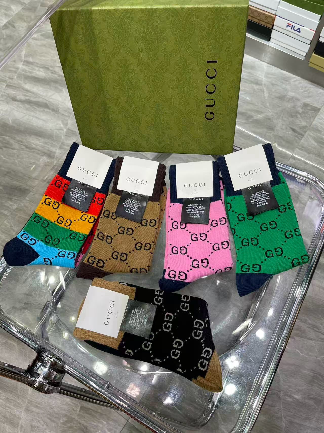 🆕Gucci · 古奇❗️大G家新品长筒袜子❗️【一盒五双】经典双G标志，特显高大上，纯棉材质，透气舒适