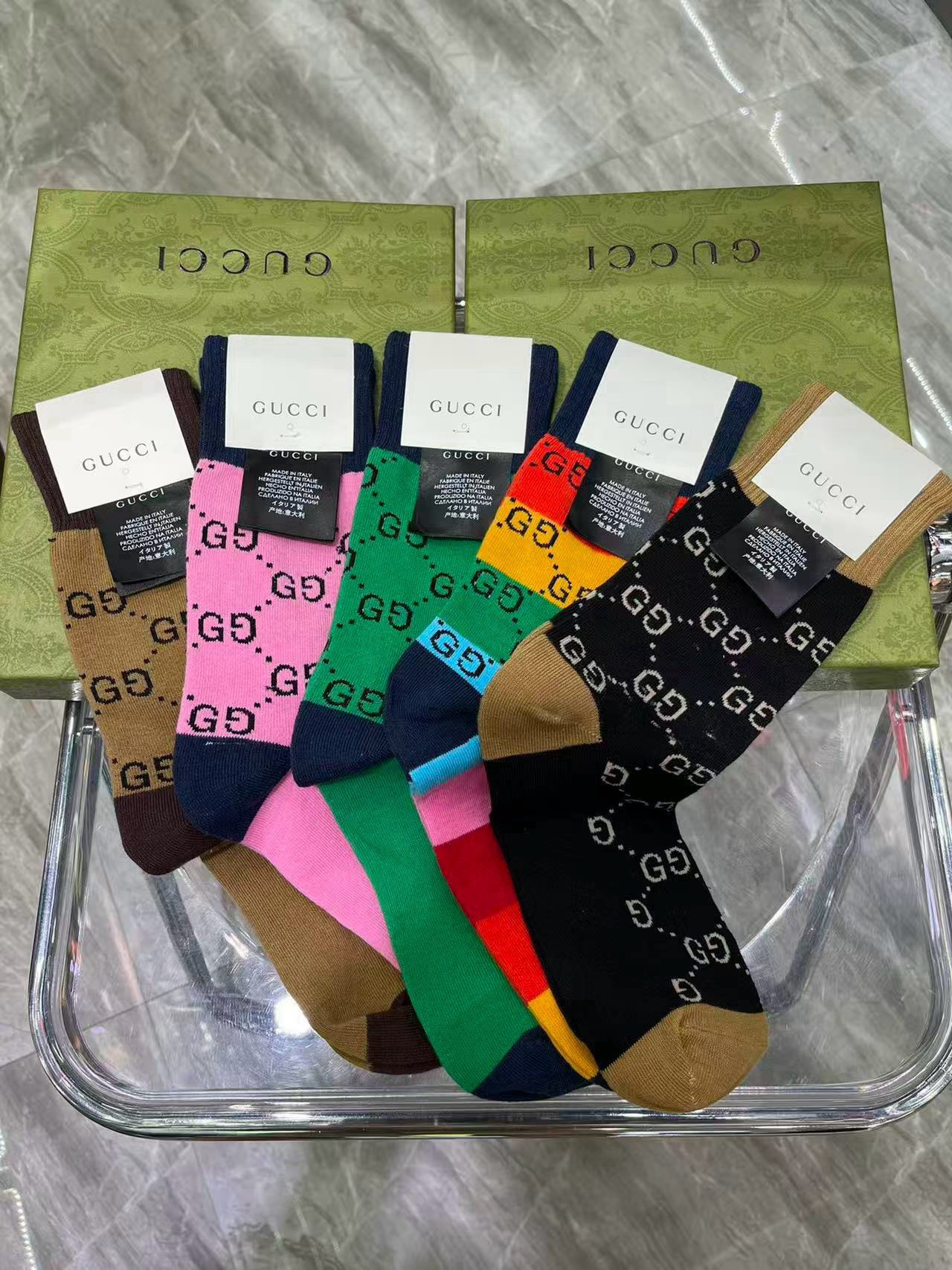 🆕Gucci · 古奇❗️大G家新品长筒袜子❗️【一盒五双】经典双G标志，特显高大上，纯棉材质，透气舒适