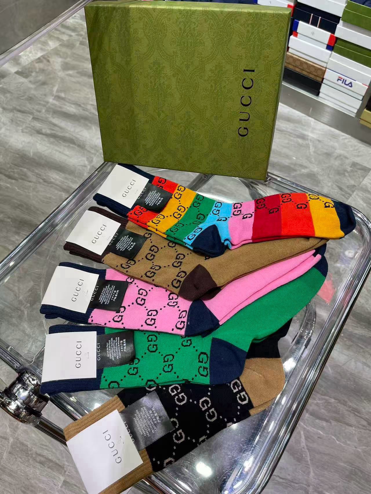 🆕Gucci · 古奇❗️大G家新品长筒袜子❗️【一盒五双】经典双G标志，特显高大上，纯棉材质，透气舒适，运动休闲百搭款