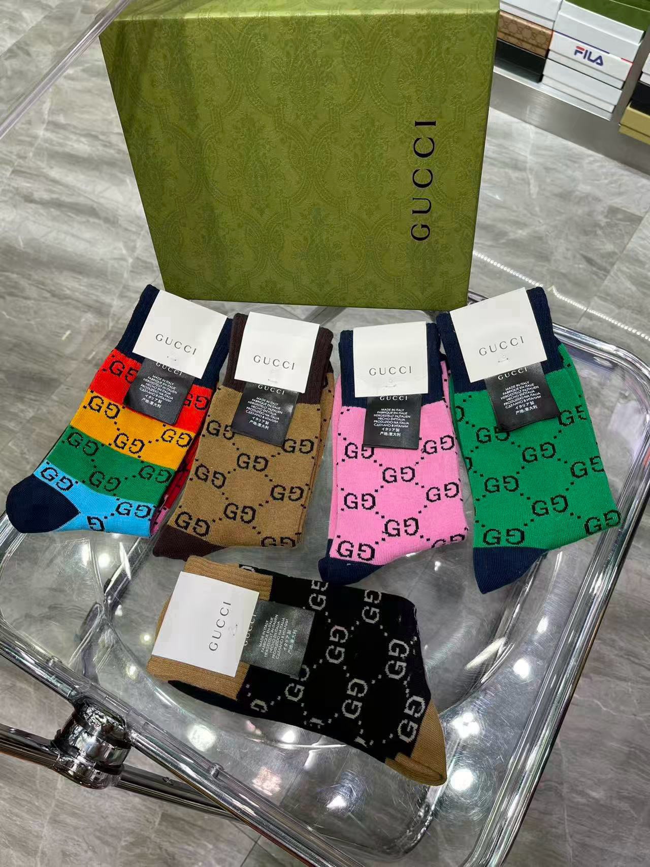 🆕Gucci · 古奇❗️大G家新品长筒袜子❗️【一盒五双】经典双G标志，特显高大上，纯棉材质，透气舒适，运动休闲百搭款