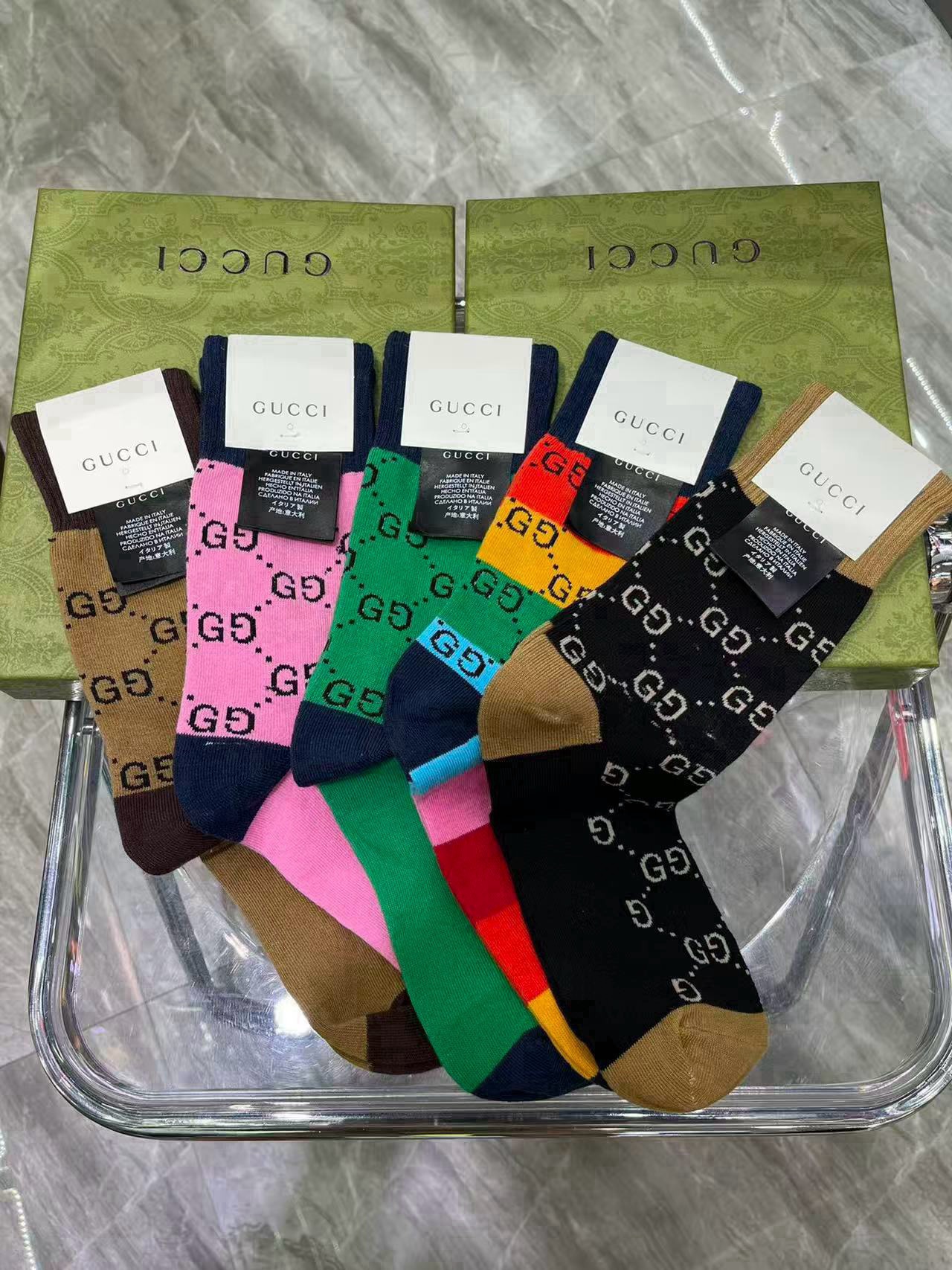 🆕Gucci · 古奇❗️大G家新品长筒袜子❗️【一盒五双】经典双G标志，特显高大上，纯棉材质，透气舒适，运动休闲百搭款