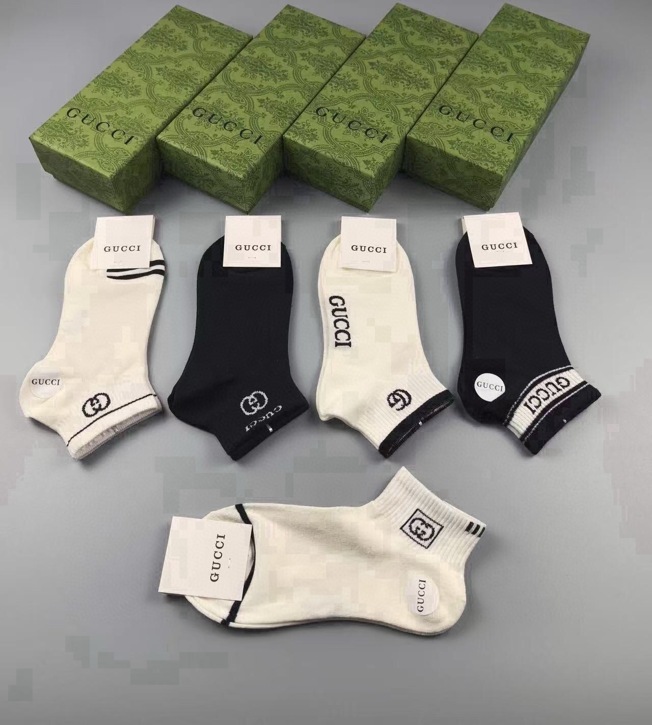 🆕Gucci · 古奇❗️G家新品短袜❗️【一盒五双】提花经典标志，超级nice，实物超漂亮，超火爆小单品，大牌出街，潮
