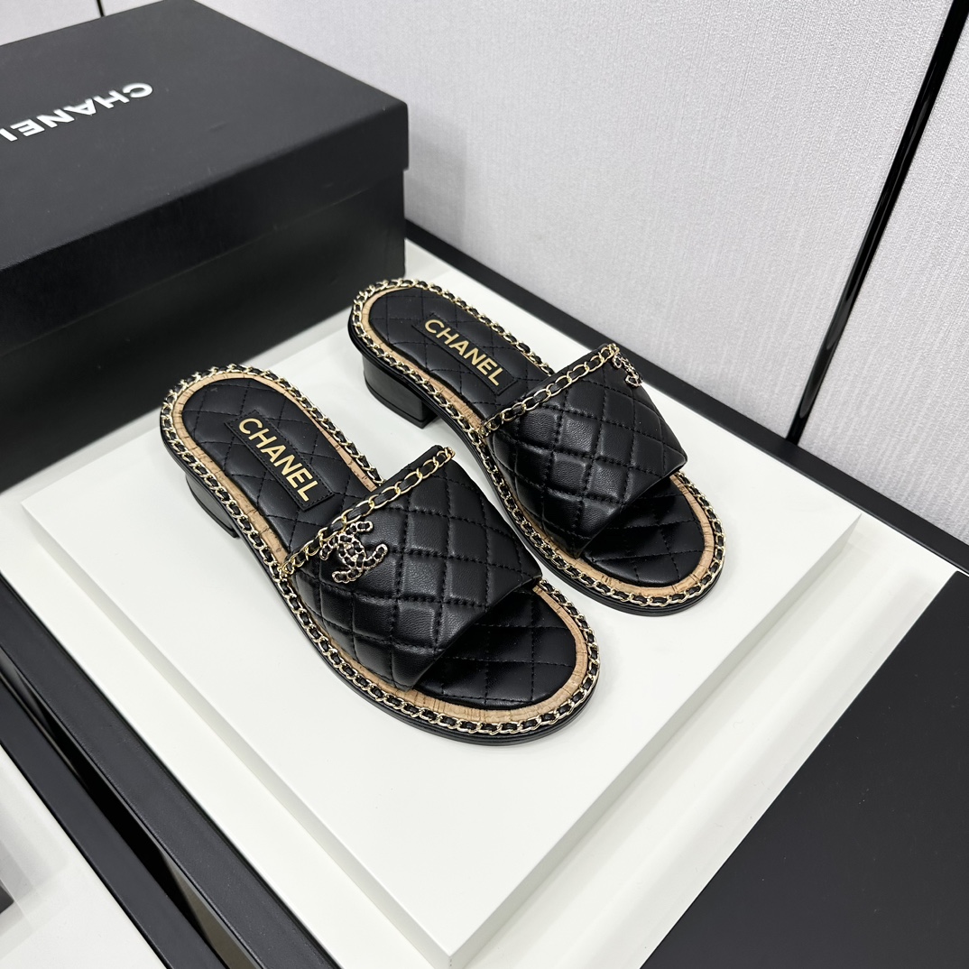 Chanel Chaussures Pantoufles Couture Genuine Leather Peau de mouton Soie Collection printemps / automne La chaîne