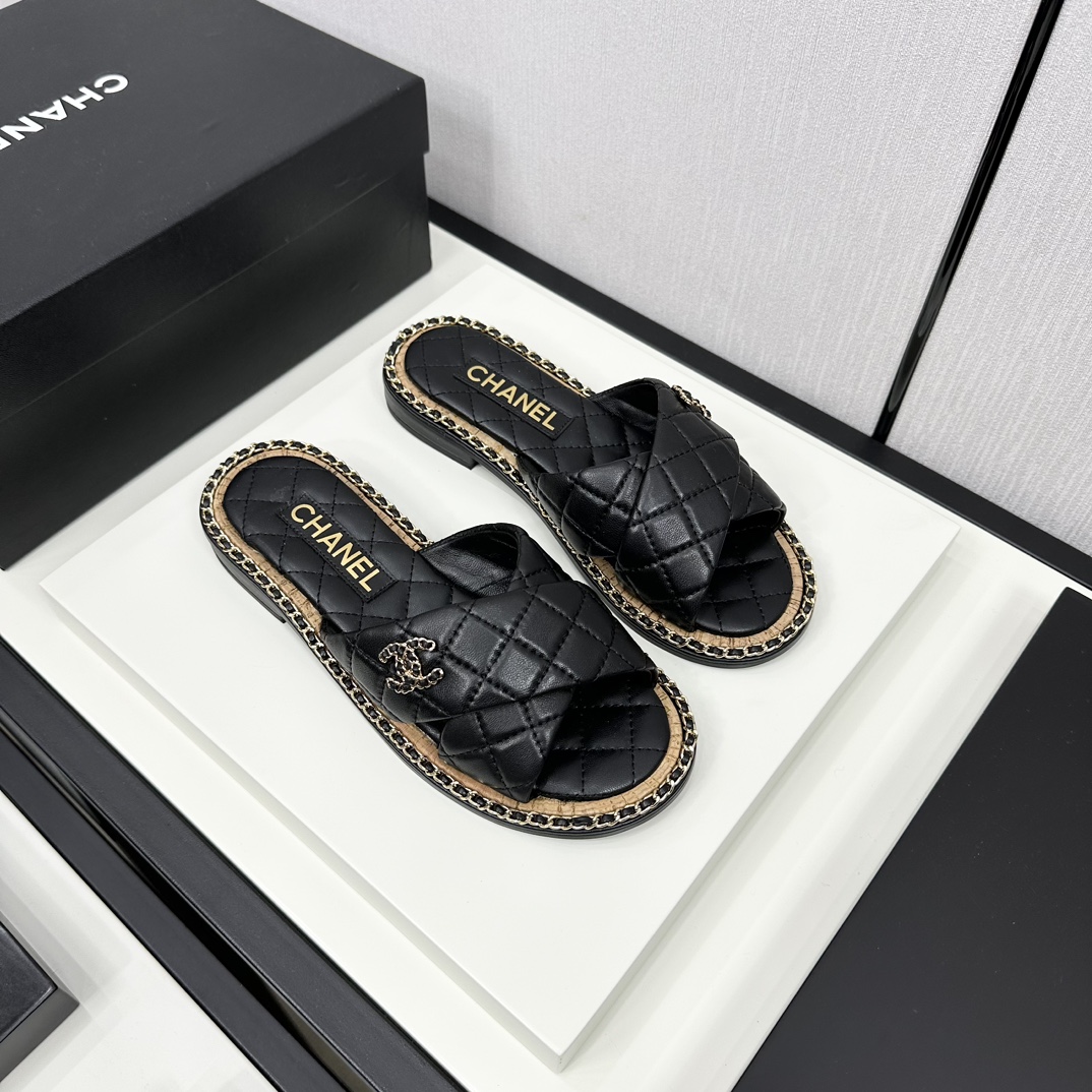 Réplique de luxe 7 étoiles
 Chanel Chaussures Pantoufles Couture Genuine Leather Peau mouton Soie Collection printemps / automne La chaîne
