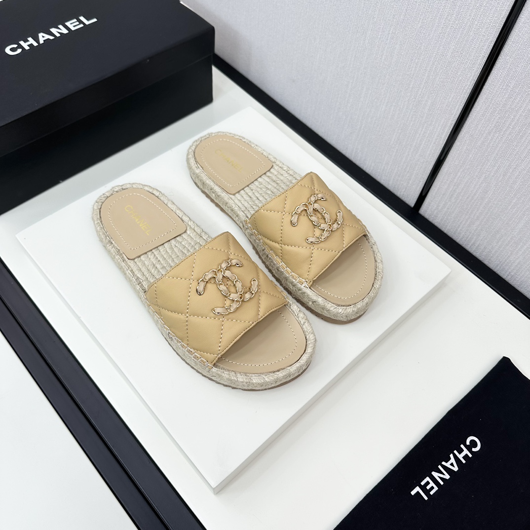 Chanel Spiegelqualität
 Schuhe Espadrilles Weben Leinwand Hanfseil Lammfell Leinen Kautschuk Schaffell Herbstsammlung Breites Bein