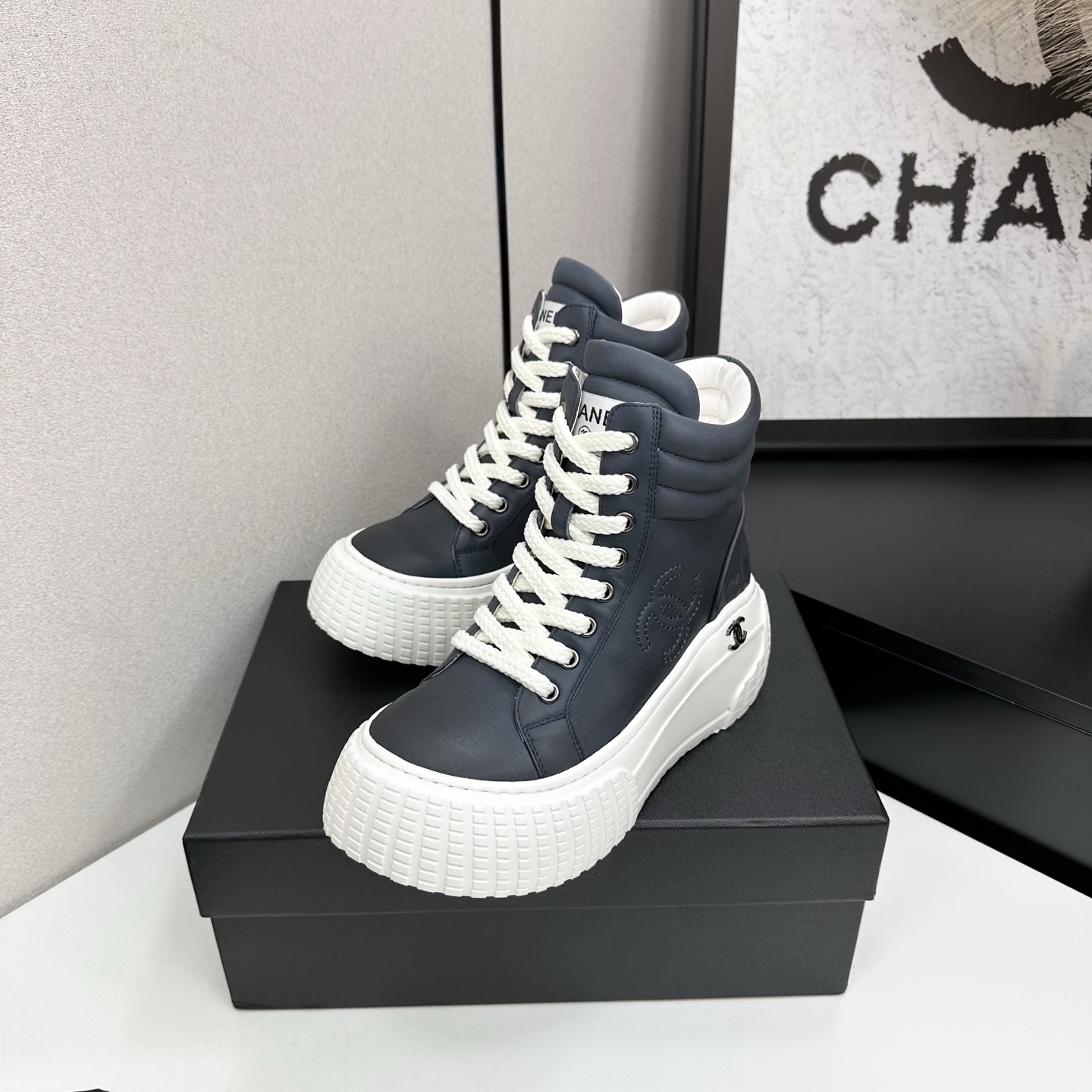 Chanel Women's Leather Ankle Boots, Lace-Up High-Top Sneakers, Fall-Winter style