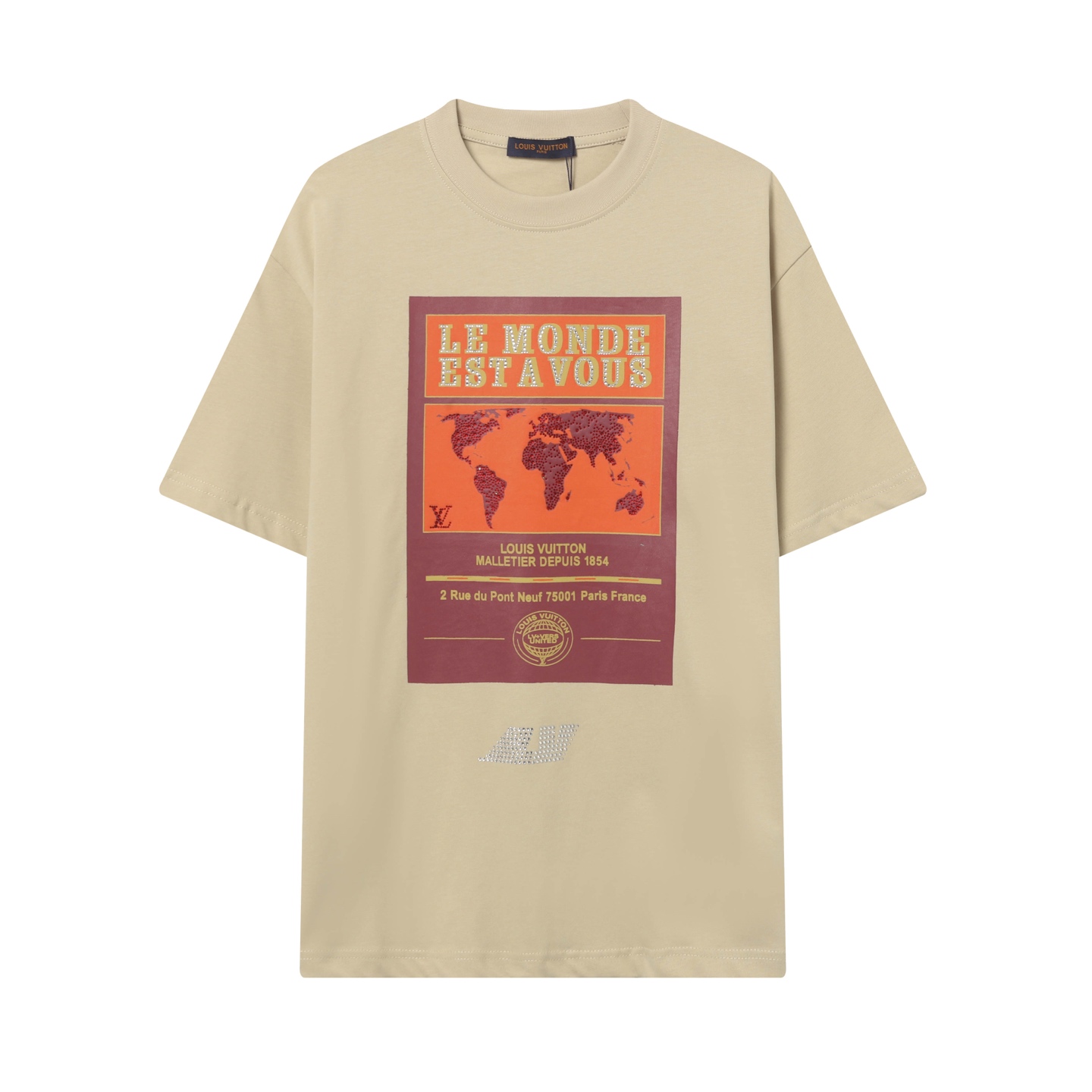 P73 LOUIS VUITTON* Camiseta de manga corta con estampado de mapa del mundo Louis Vuitton LV 25SS y letras de diamantes …