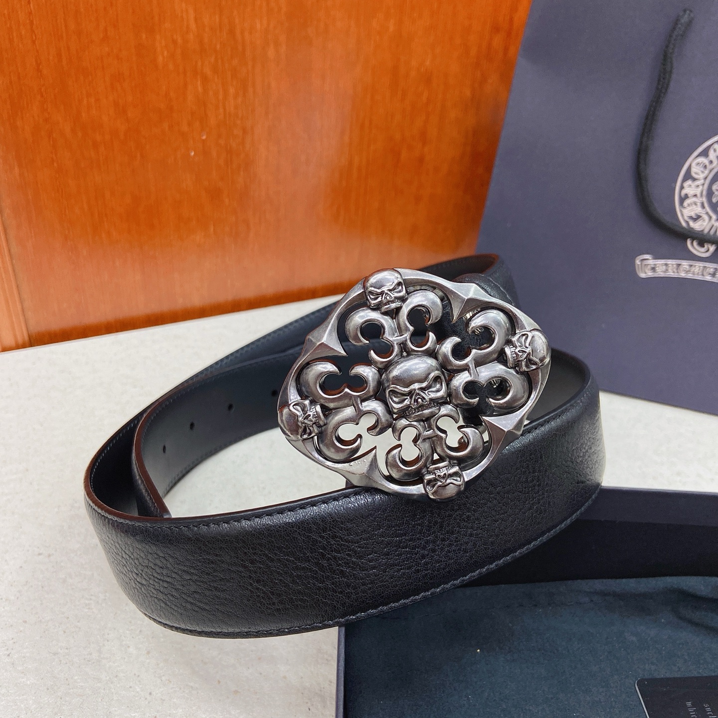 𝐂𝐡𝐫𝐨𝐦𝐞𝐇𝐞𝐚𝐫𝐭𝐬 克罗心腰带。骷髅头黄铜镀925银五金搭配原版油蜡头层牛皮，宽度3.8厘米， 整