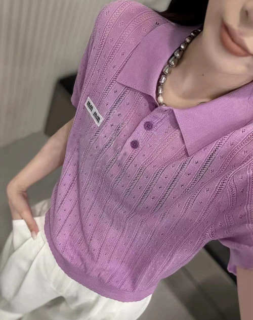 Miu Miu Inspired Summer Polo Collar Crochet Knit Top Short Sleeve 1 Miu Miu Inspired Summer Polo Collar Crochet Knit Top Short Sleeve