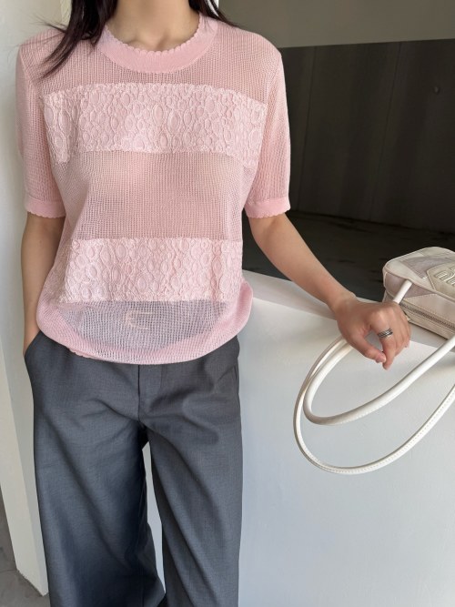 Elegant Women's Summer Knit Top with Lace Detail - Short Sleeve, Round Neck 1 Elegant Women's Summer Knit Top with Lace Detail - Short Sleeve, Round Neck
