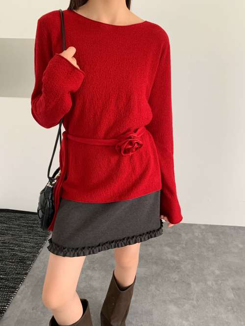 Elegant Rose Detail Knit Top - Long Sleeve Wool Blend Sweater for Women 1 Elegant Rose Detail Knit Top - Long Sleeve Wool Blend Sweater for Women