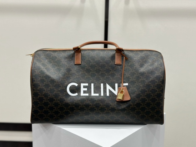 Celine Large Triomphe Duffel Bag with Logo Print, Leather Trim, Adjustable Strap 1 Celine Large Triomphe Duffel Bag with Logo Print, Leather Trim, Adjustable Strap