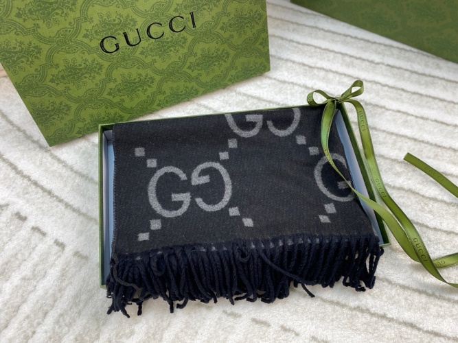 Gucci Women's Wool Blend Scarf with GG Pattern, 180 cm x 60 cm, Black/Grey 1 Gucci Women's Wool Blend Scarf with GG Pattern, 180 cm x 60 cm, Black/Grey