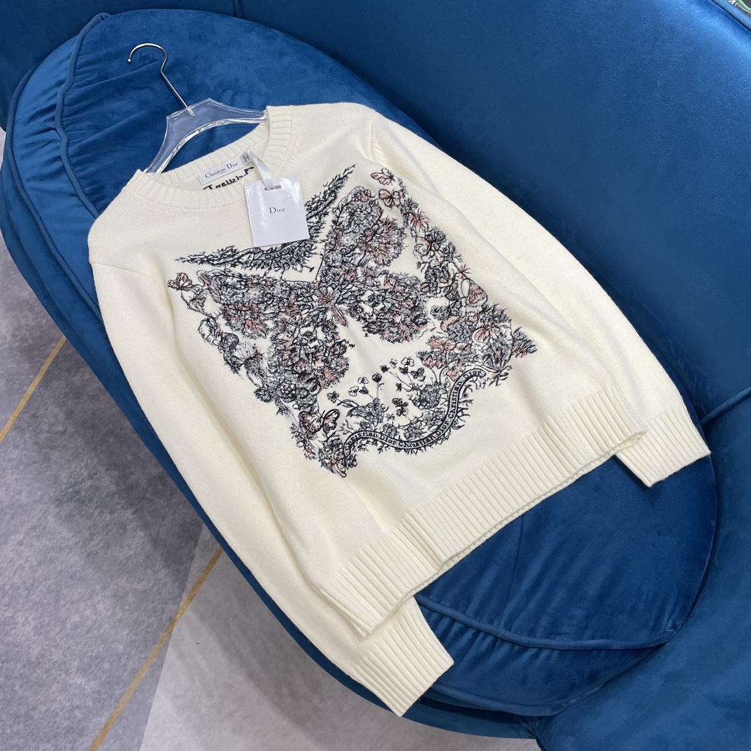 Dior Clothing Knit Sweater Embroidery Knitting Fall/Winter Collection Long Sleeve