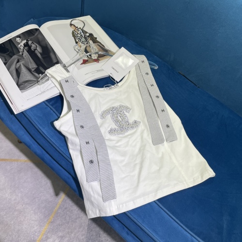 Chanel White Sleeveless Top with Embroidered Logo and Striped Details 1 Chanel White Sleeveless Top with Embroidered Logo and Striped Details