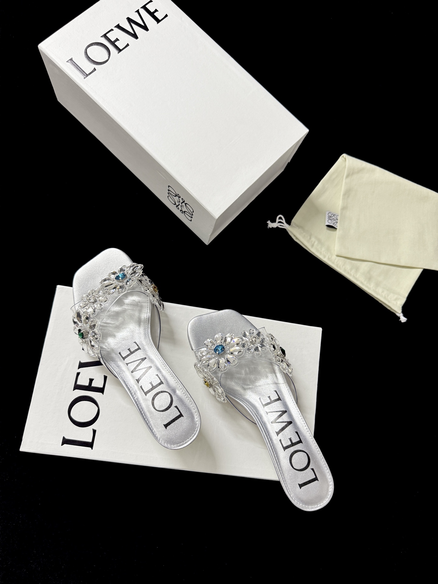 Loewe Silver Multi-Color Gem Floral Crystal Slides
