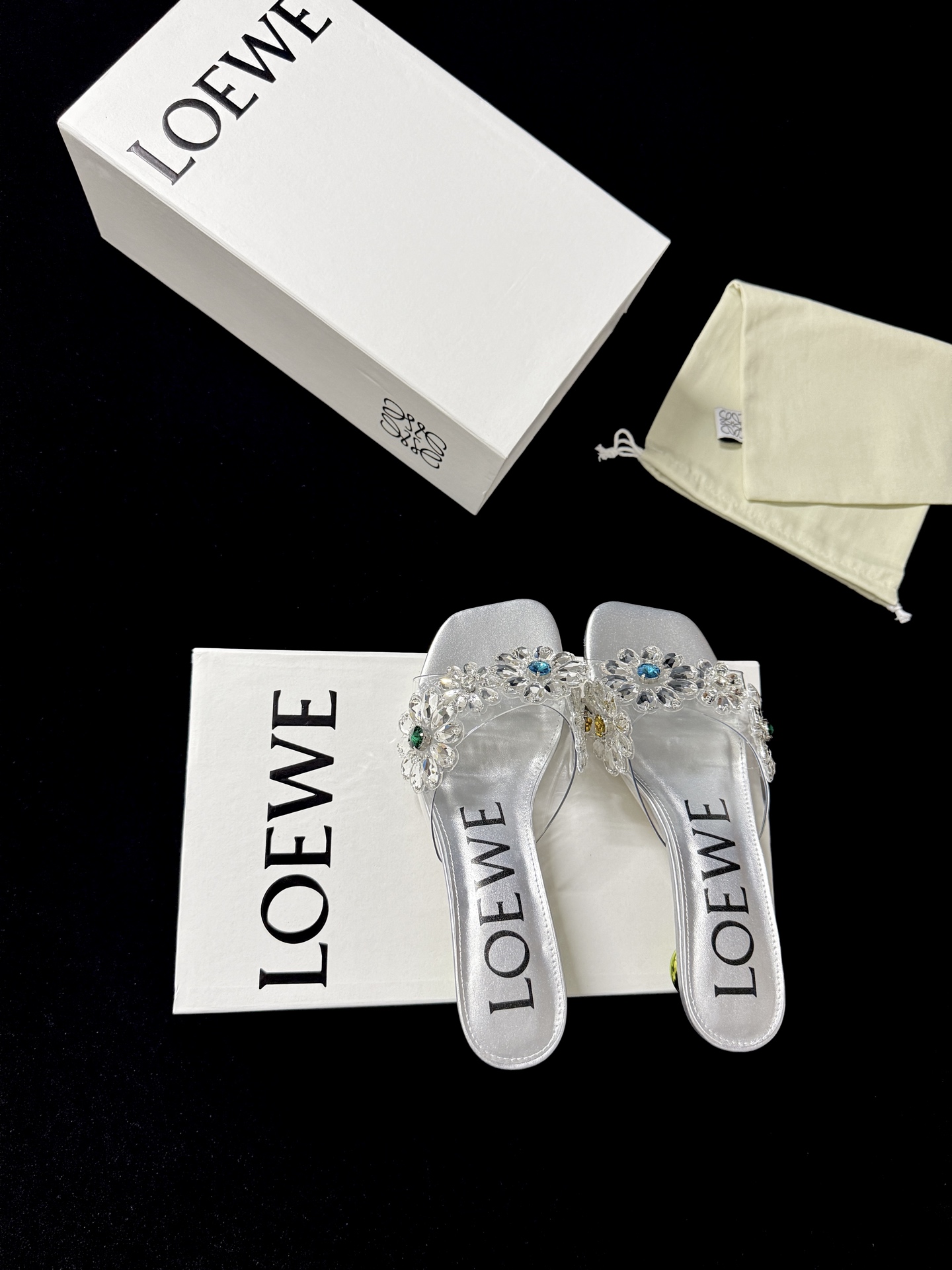 Loewe Silver Multi-Color Gem Floral Crystal Slides