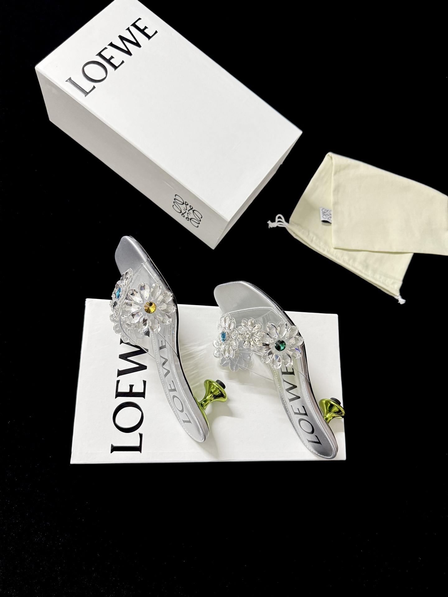 Loewe Silver Multi-Color Gem Floral Crystal Slides