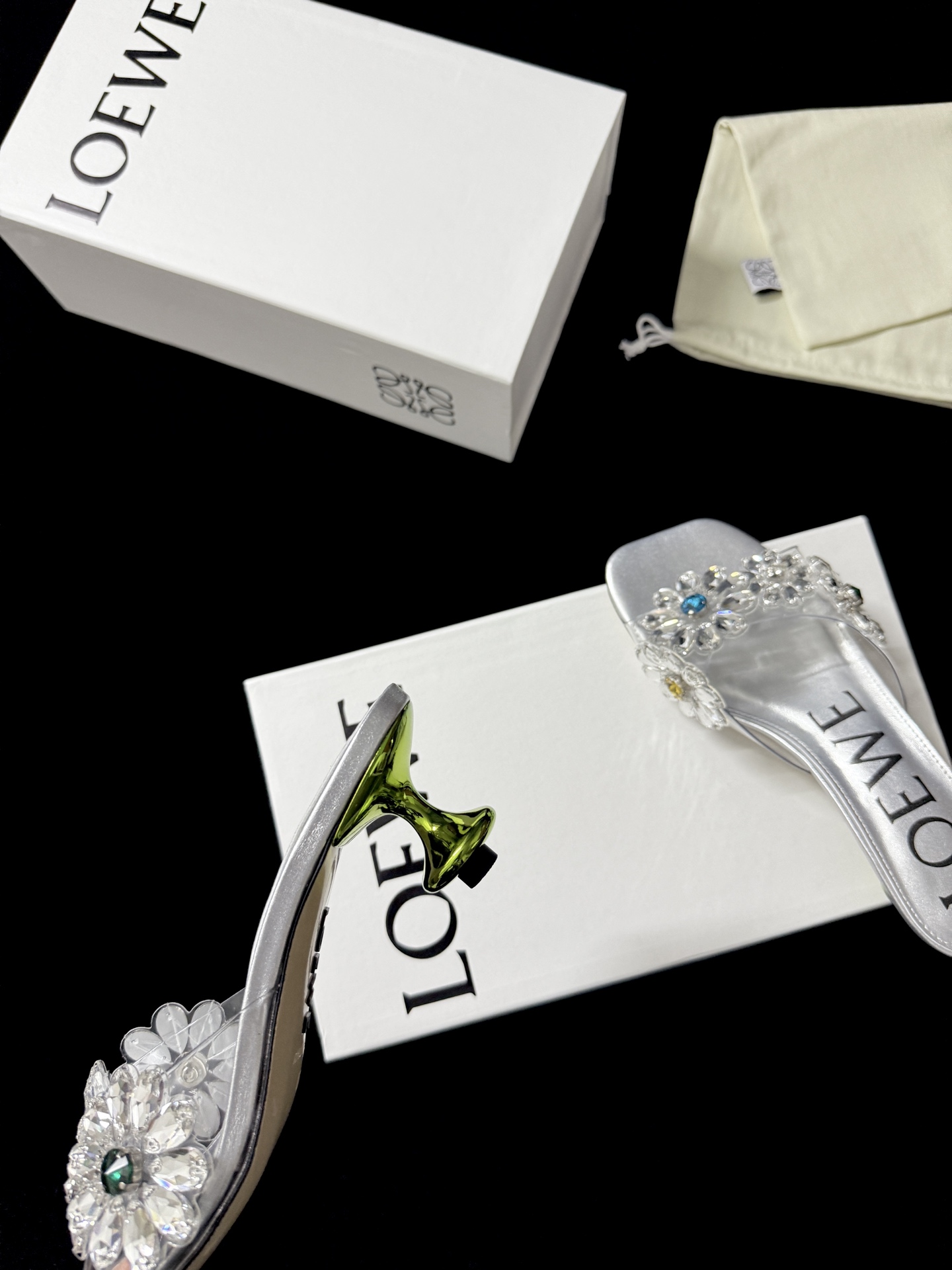 Loewe Silver Multi-Color Gem Floral Crystal Slides