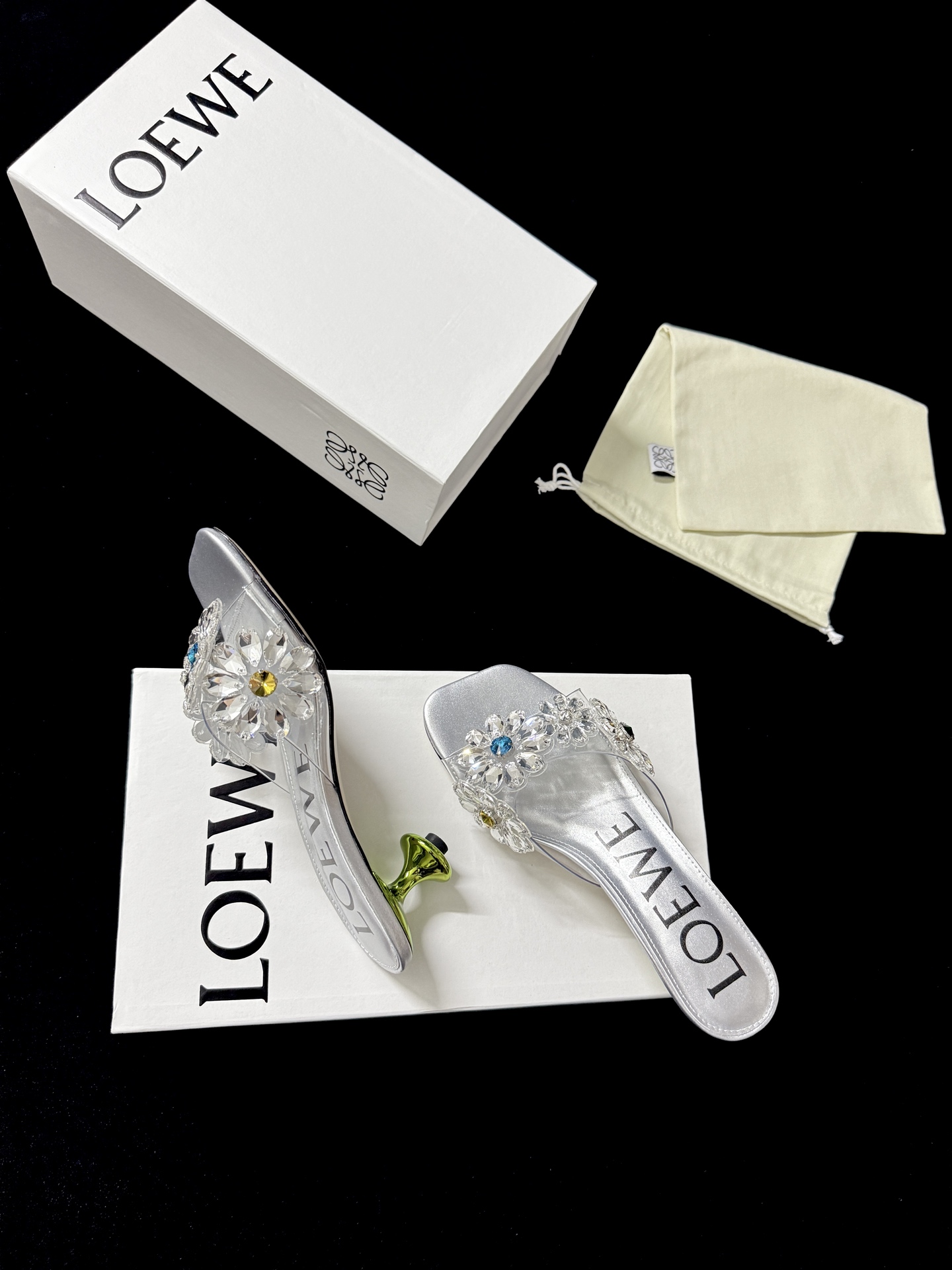 Loewe Silver Multi-Color Gem Floral Crystal Slides