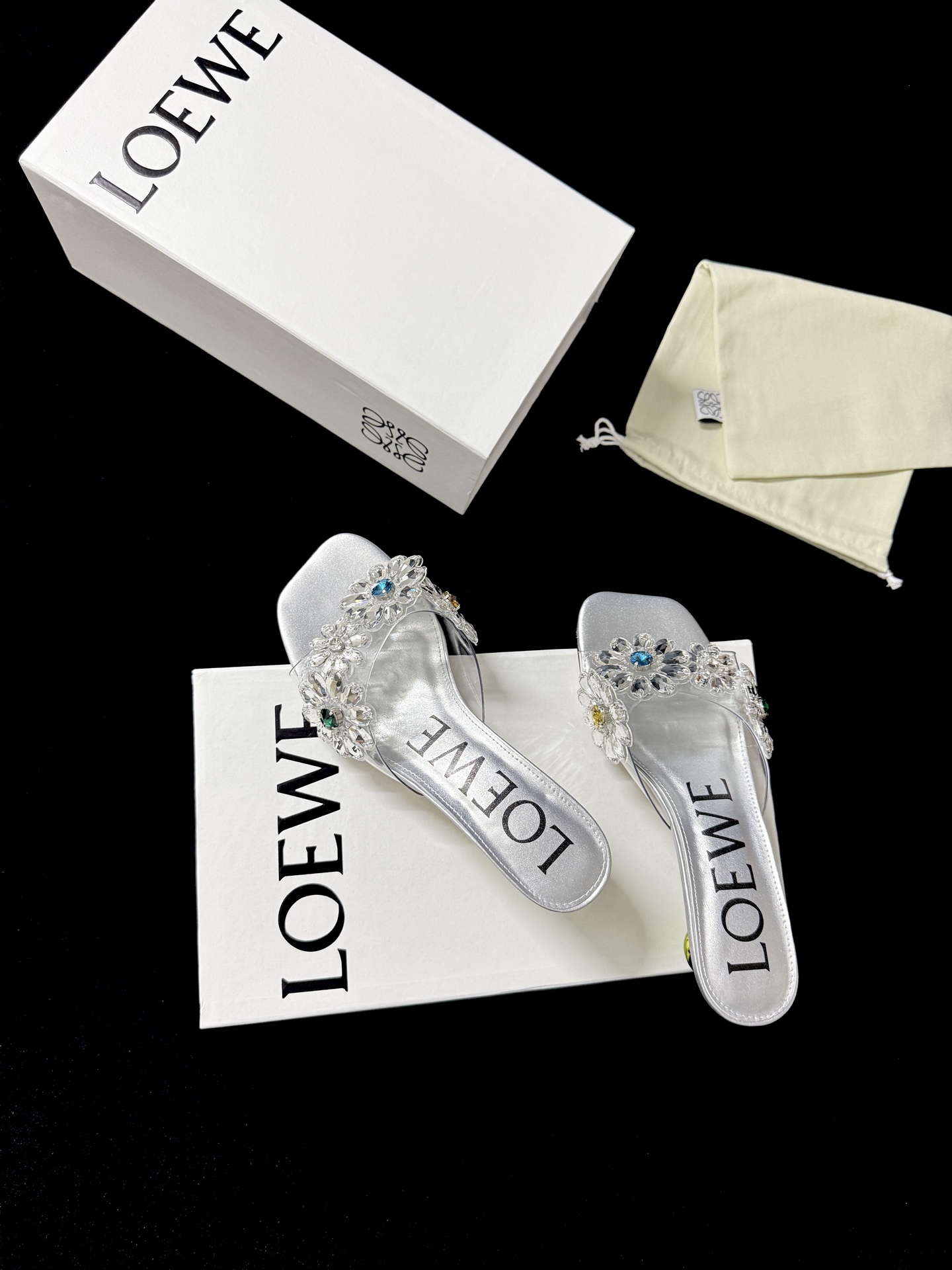 Loewe Silver Multi-Color Gem Floral Crystal Slides