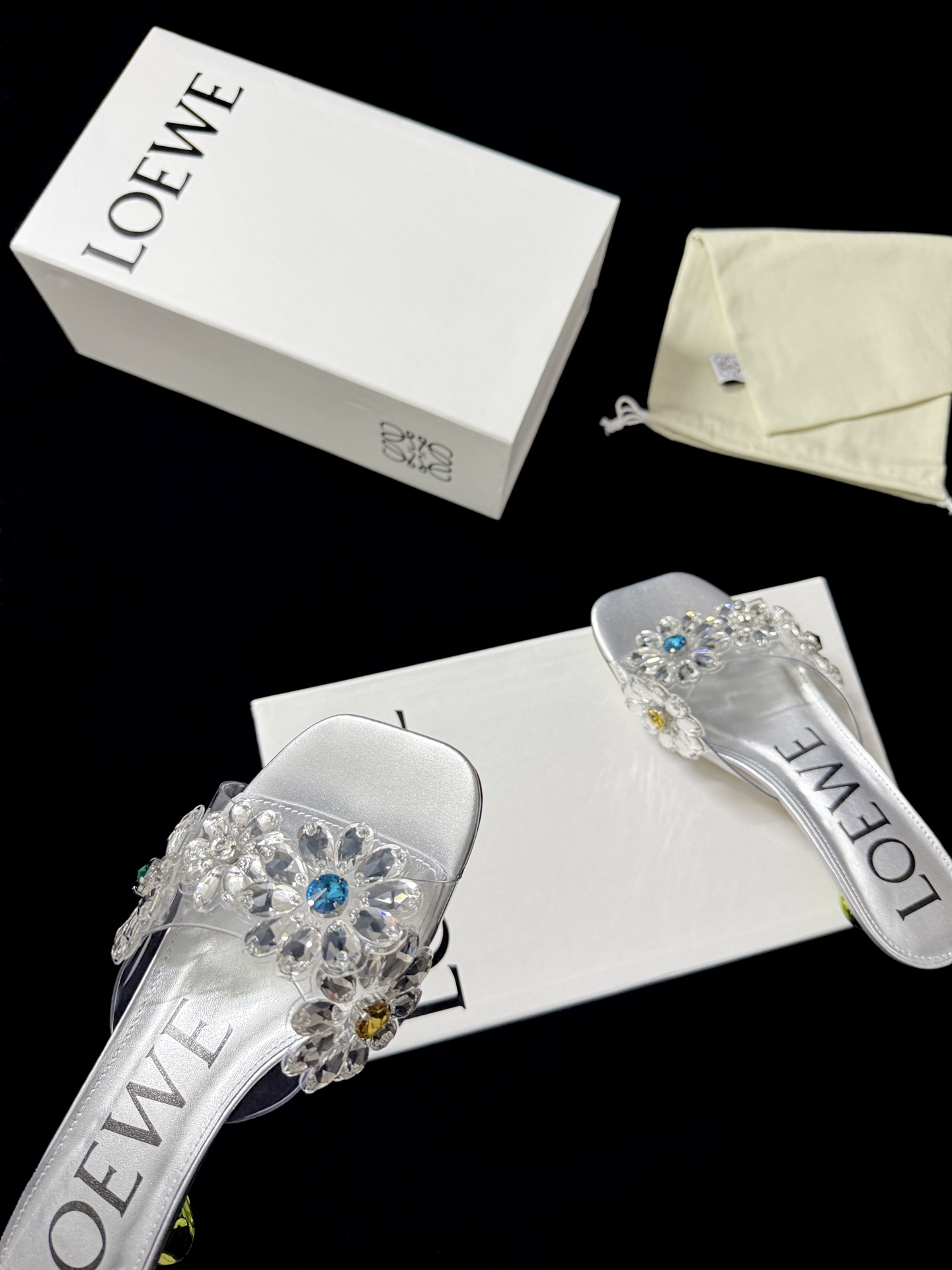 Loewe Silver Multi-Color Gem Floral Crystal Slides