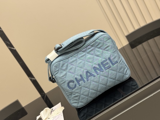 Chanel Denim Bowling Bag Washed Blue Quilted Crossbody, 28cm 1 Chanel Denim Bowling Bag Washed Blue Quilted Crossbody, 28cm