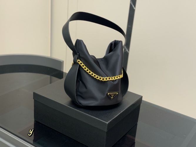 Prada Black Satin Mini Bag with Gold Chain Detail - Chic & Compact 1 Prada Black Satin Mini Bag with Gold Chain Detail - Chic & Compact