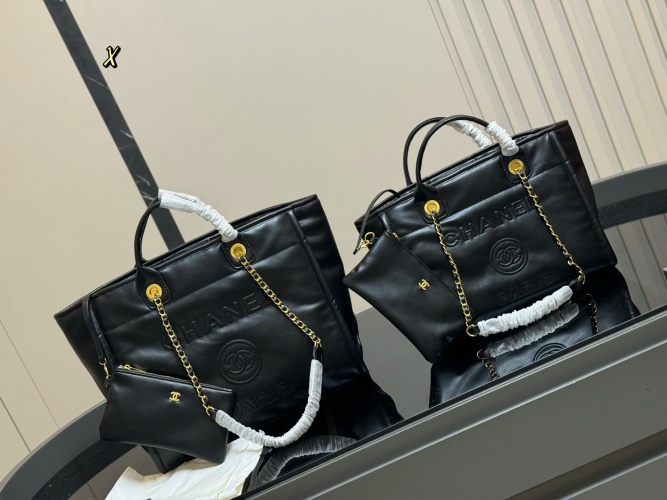 Chanel Black Leather Beach Bag with Chain Accent, Large and Small Size 1 Chanel Black Leather Beach Bag with Chain Accent, Large and Small Size