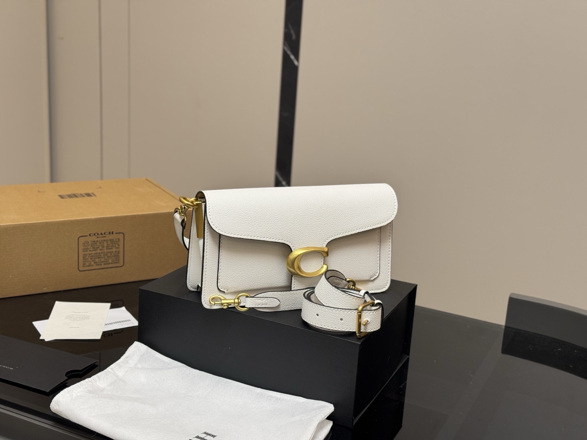 Coach Tabby White Leather Shoulder Bag, 25*15cm, with Box and Dual Straps