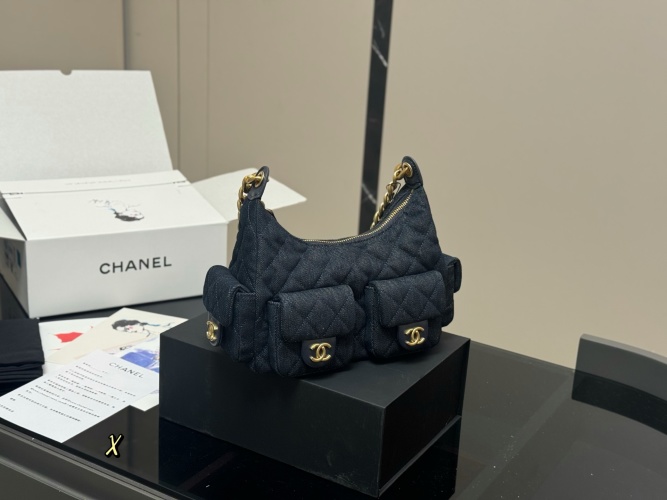 Chanel Hobo Bag - Denim Finish, Gold Chain Accent, Classic Design - 24x20 cm 1 Chanel Hobo Bag - Denim Finish, Gold Chain Accent, Classic Design - 24x20 cm