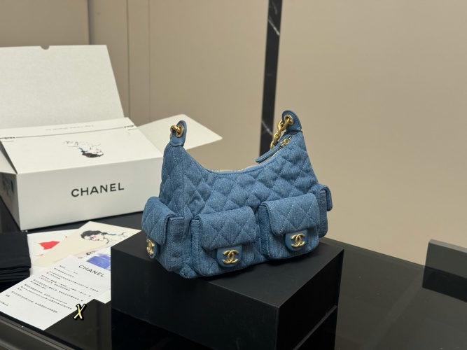 Elegant Chanel Denim Hobo Bag with Gold Chain - 24x20cm Designer Handbag 1 Elegant Chanel Denim Hobo Bag with Gold Chain - 24x20cm Designer Handbag