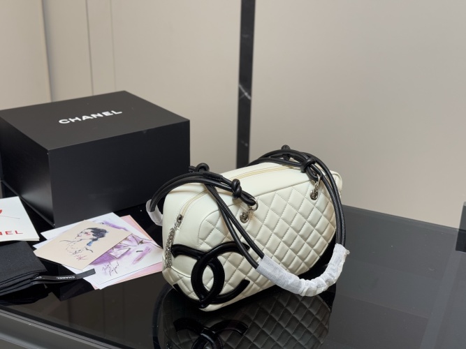 Chanel White Quilted Leather Black Logo 27cm Pillow Bag