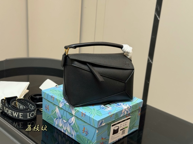 Loewe Puzzle Bag, Black Leather Geometric Design with Box and Straps 1 Loewe Puzzle Bag, Black Leather Geometric Design with Box and Straps