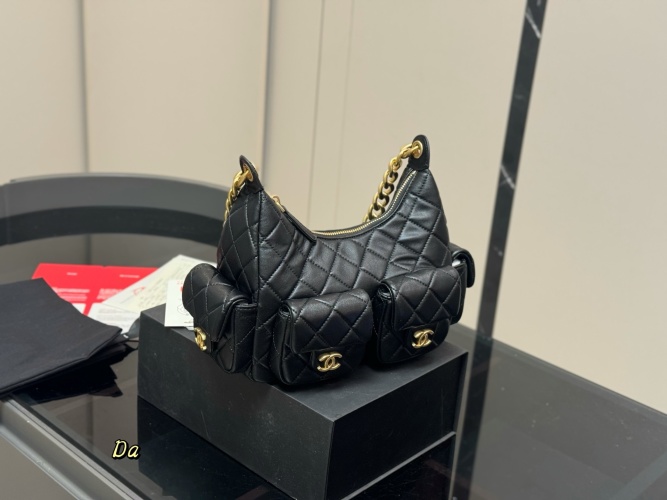 Elegant Chanel Black Quilted Leather Hobo Bag with Gold Chain, 24x20 cm
