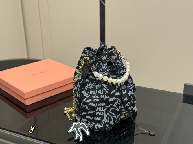 Miu Miu Graffiti Print Bucket Bag with Pearl Handle and Charm