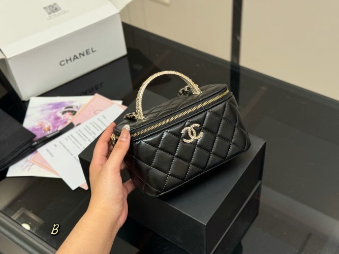 Chanel Handle Cosmetic Box, 17*11cm, Quilted Design with Rhinestone Handle 1 Chanel Handle Cosmetic Box, 17*11cm, Quilted Design with Rhinestone Handle