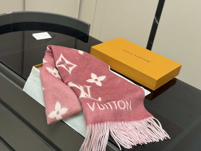 Louis Vuitton Pink Cashmere Scarf with Classic Monogram Pattern - 180x45cm 1 Louis Vuitton Pink Cashmere Scarf with Classic Monogram Pattern - 180x45cm