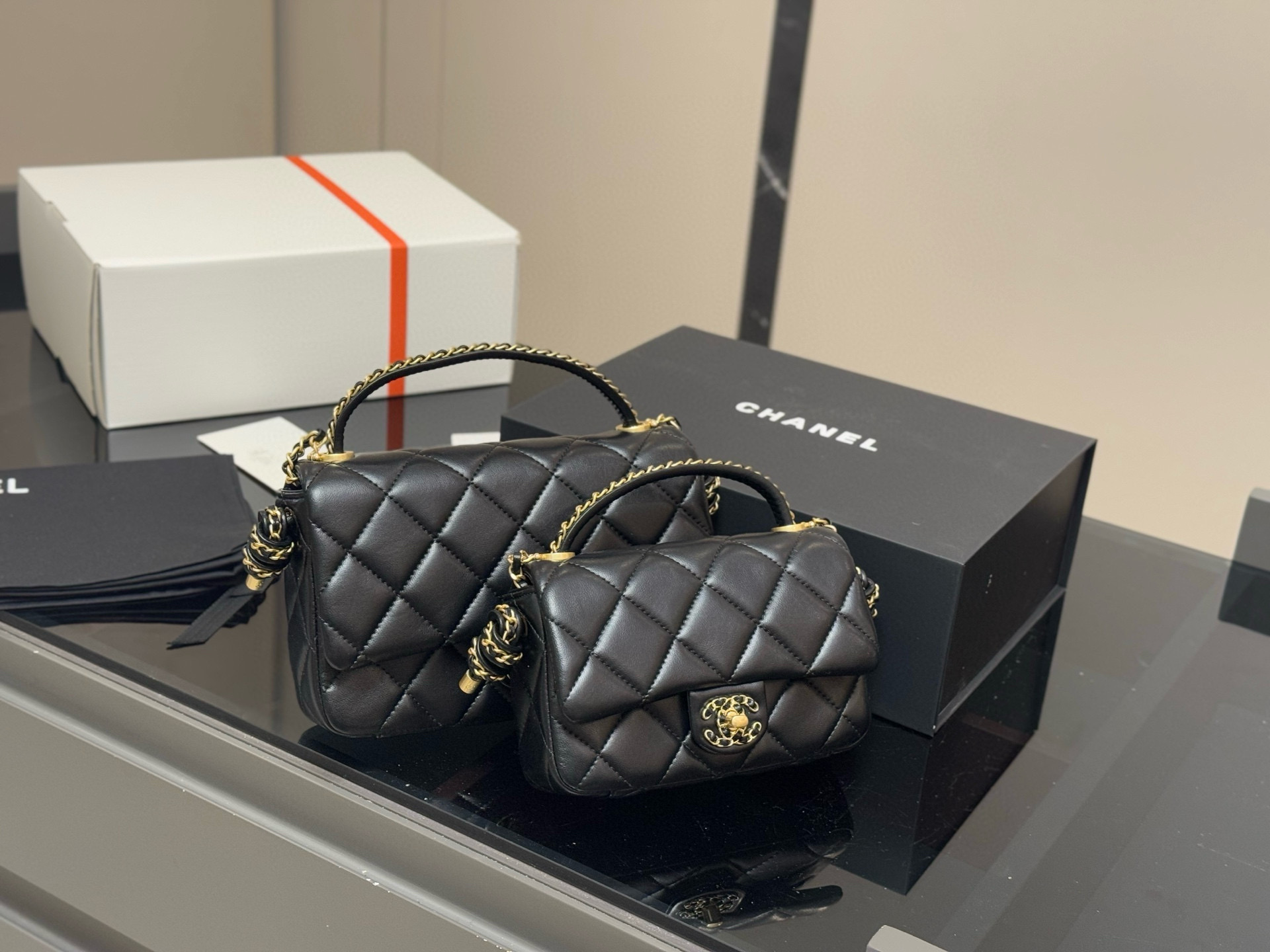 Chanel Mini Handle Bag, Quilted Leather Top Handle Flap Bag, Classic Design