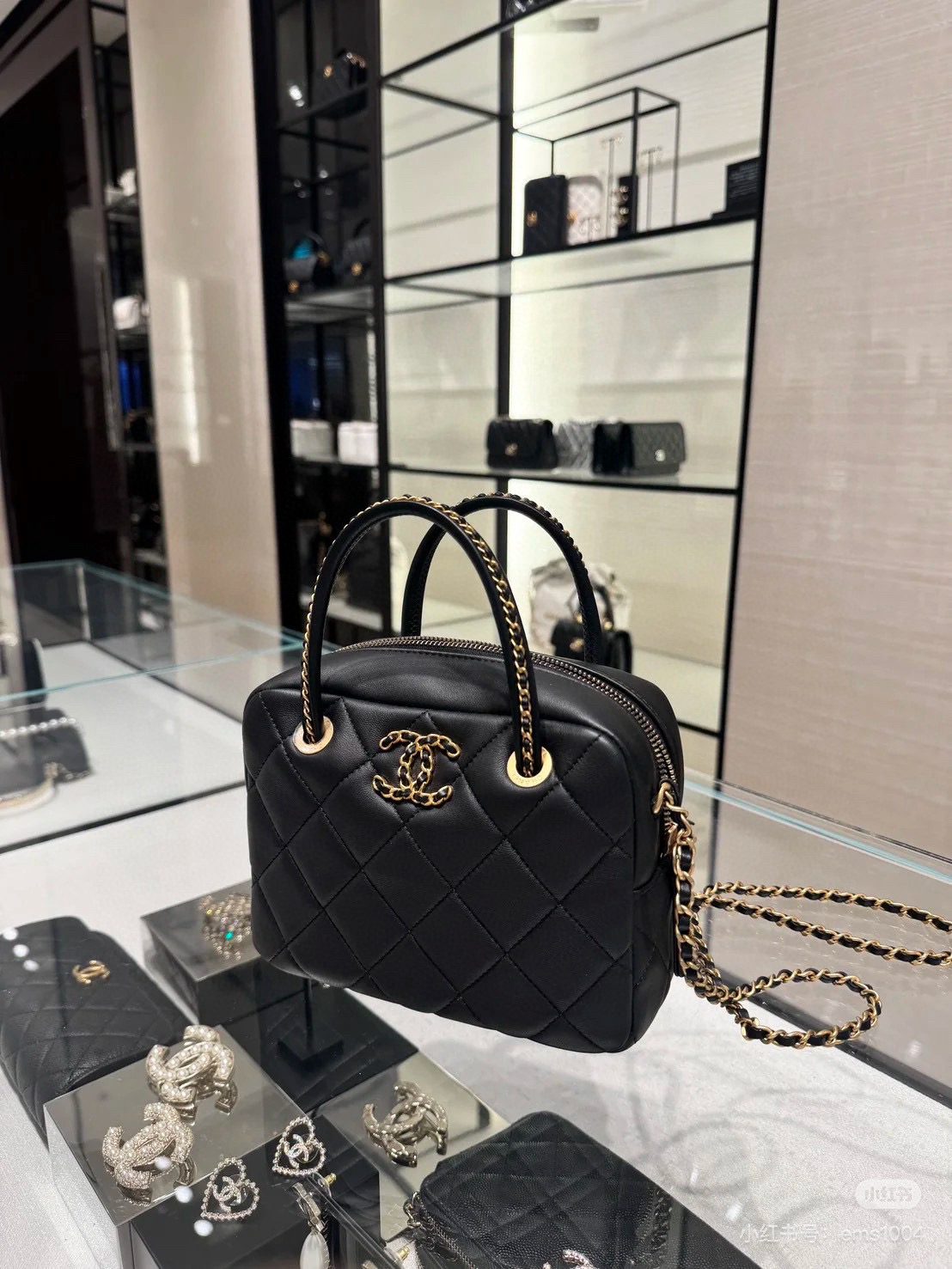 Chanel Black Quilted Leather Top Handle Flap Bag with Chain