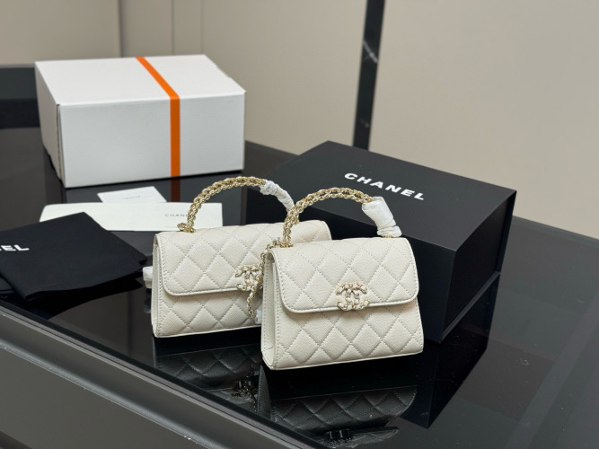 Chanel 23P Kelly Style Top Handle Flap Bag, 18cm & 15cm, Cream Leather 1 Chanel 23P Kelly Style Top Handle Flap Bag, 18cm & 15cm, Cream Leather