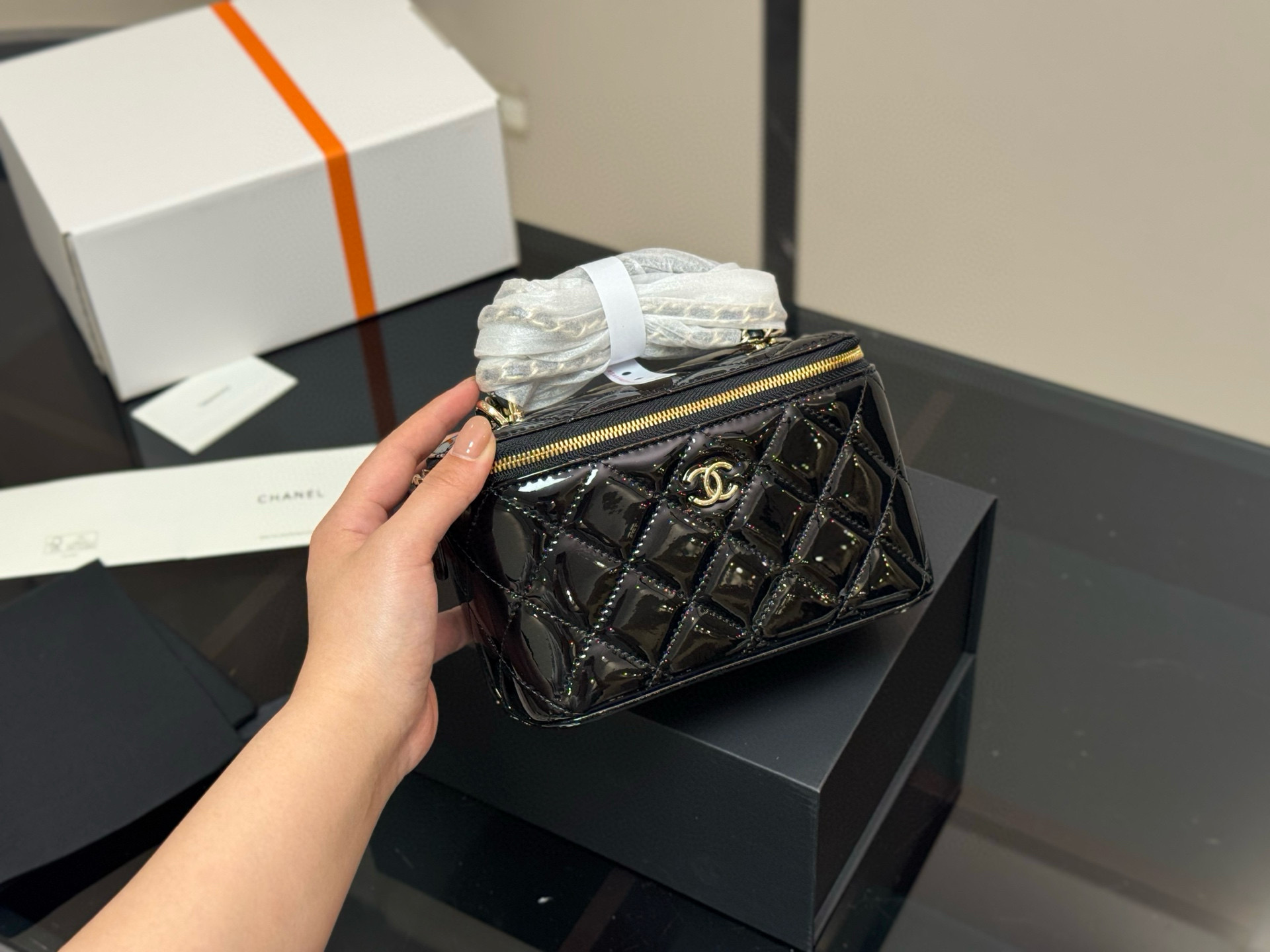 Chanel Handle Small Vanity Case Black Patent Leather Quilted Crossbody Bag