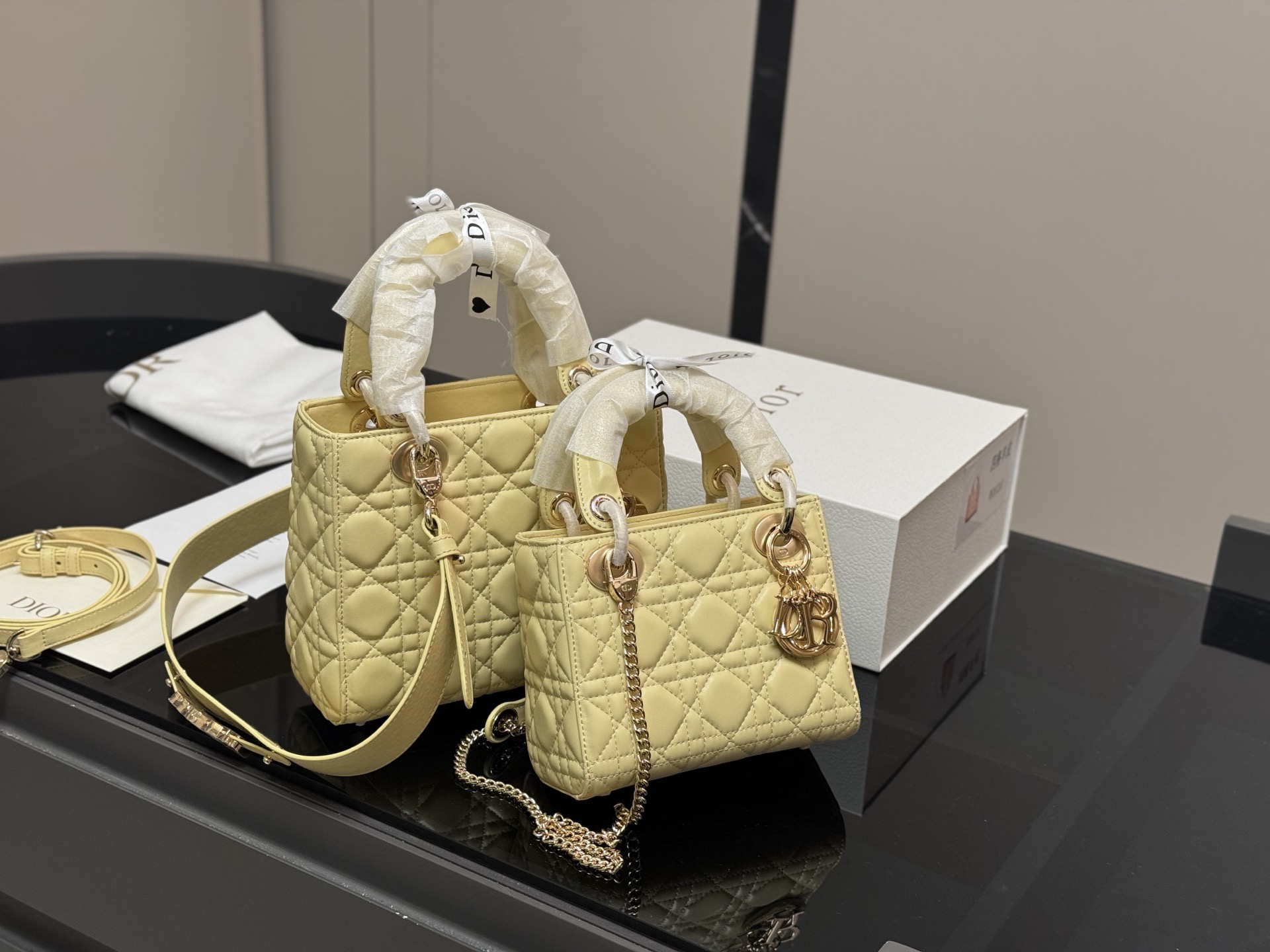 Dior Lady Dior Lambskin Bag with Shoulder Strap - Pastel Yellow