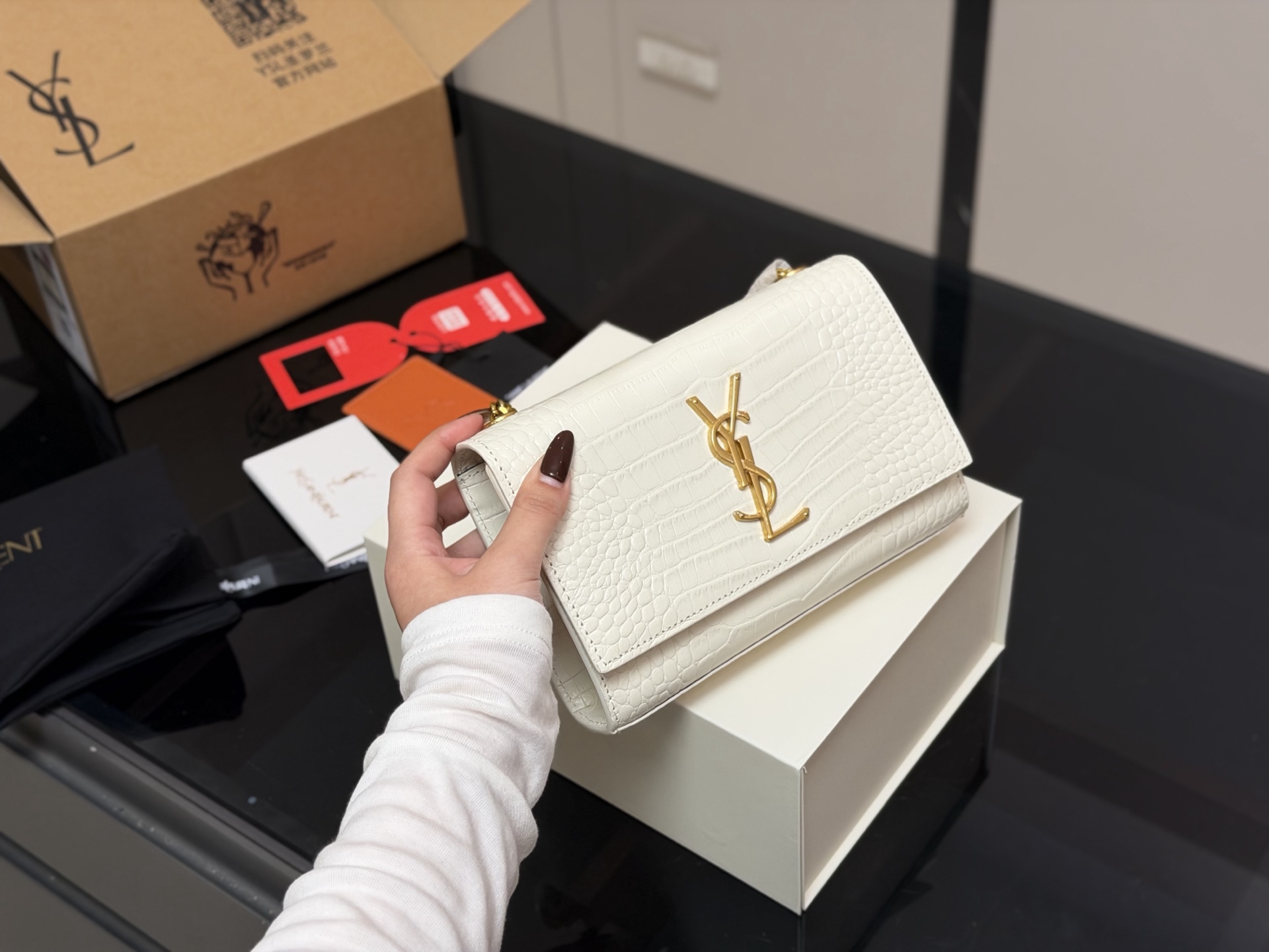 Yves Saint Laurent White Crocodile Embossed Leather WOC Envelope Chain Bag