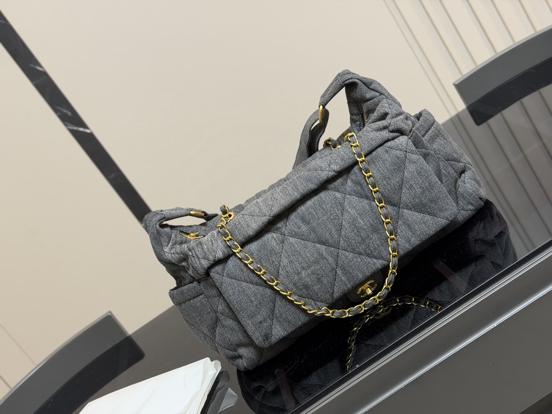 Chanel 22 Handbag, Denim Quilted Design, Gold-Tone Metal Chain, 40 x 26 cm